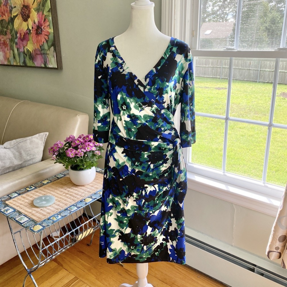 DVF Diane Von Furstenberg‎ Wrap Dress Women Size 8 Silk Jersey Green Black Blue